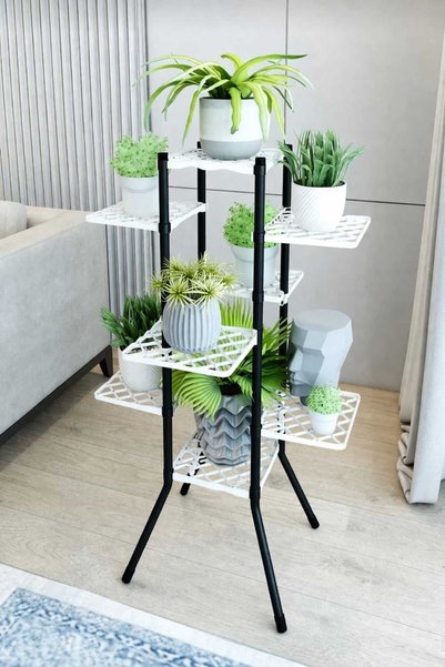 Armarks Beyaz Alin 8'li Çiçeklik, 8 Raflı Saksı Standı, 8 Raflı Plastik Saksılık, Dekoratif Saksılık