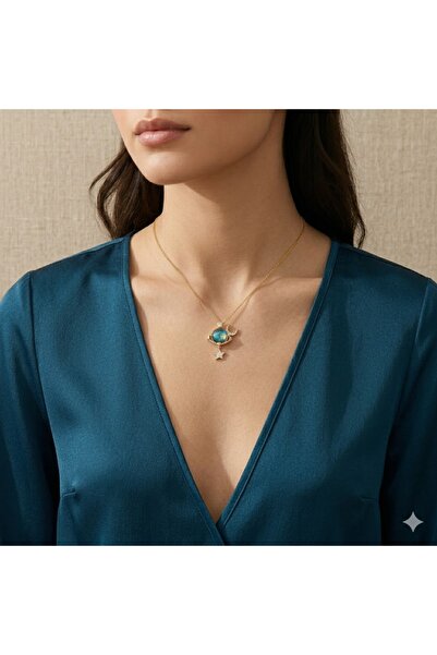 shop Ay yıldız Detaylı, Gold, Paslanmaz Çelik Gezegen Kolye