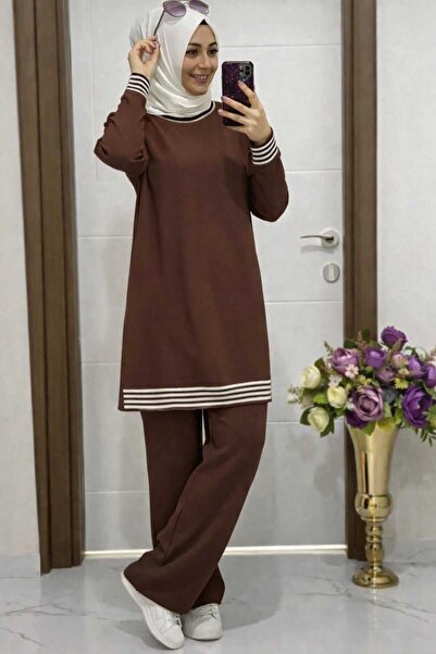 ECK MODA Γυναικείο σετ από λινό ύφασμα Aerobin με ριμπ λεπτομέρεια στο κάτω μ...