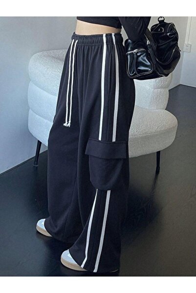 EDVESS Černé pruhované unisex teplákové kalhoty Cargo Pocket Baggy