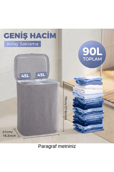 ARVALE Katlanabilir Çift Bölmeli Kirli Çamaşır Sepeti 90L Gri Kapaklı Çamaşır...