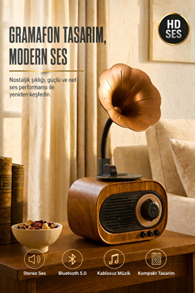 Maybax Mini Retro Ahşap Gramafon Bluetooth Müzik Kutusu USB TF Kart Aux FM De...