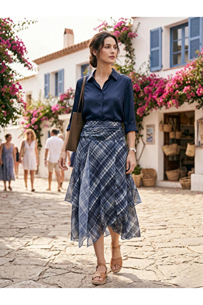 ÖRKCÜ Women's Navy Blue Plaid Patterned Asymmetrical Cut Layered Flounce Midi...