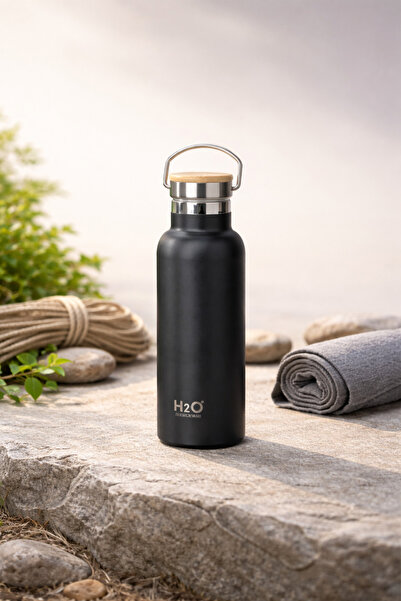 H2O Paslanmaz Çelik Sızdırmaz Bambu Kapaklı Termos Matara Mug 500 ml | Siyah