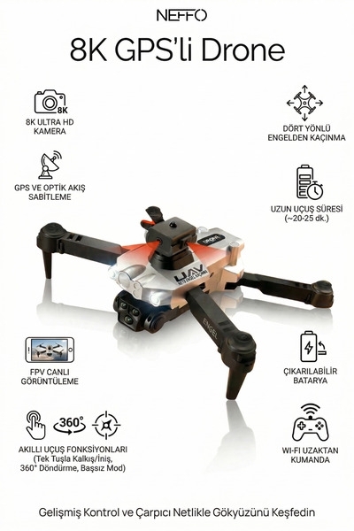 NEFFO 8K GPS Drone | Çift Kamera, Engelden Kaçınma, FPV Canlı Görüntü & Taşın...