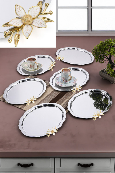 AHİR TİCARET 6 قطع من صينية القهوة والتقديم المصنوعة من الفولاذ المقاوم للصدأ...