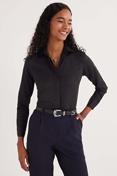 Tudors Γυναικείο μαύρο βασικό πουκάμισο με λεπτή εφαρμογή, μακρυμάνικο κρυφό ...