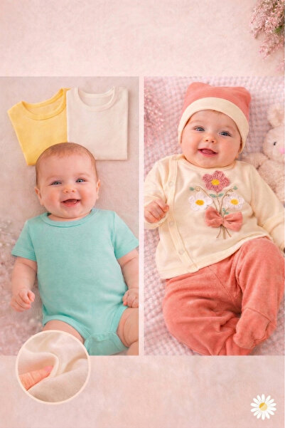 MYZİ STORE Baby 3 Bodysuit and Floral Embroidered 3-Piece Set (Bottom-Top-Hat...