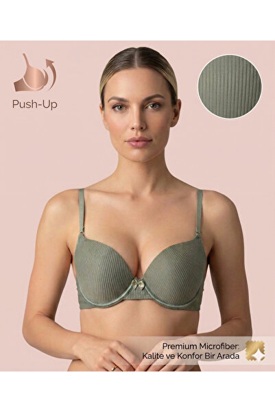 Lavint Homewear Micro Silicone Padded Green Push-Up Bra with Stripes