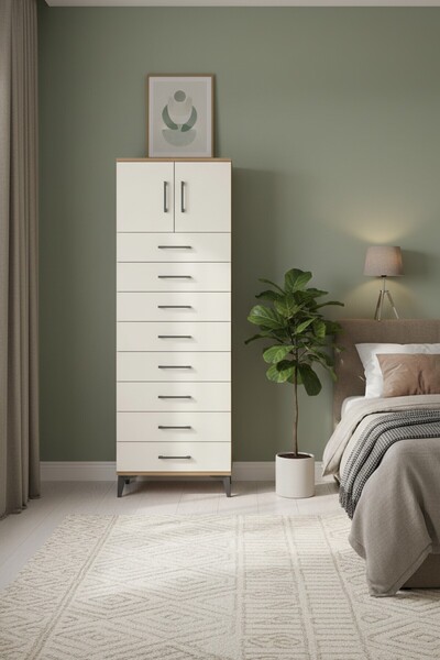 Dienni Arges Dolap 2 Raflı 8 Çekmeceli 2 Kapaklı 60x30x182 Çam-Aytaşı