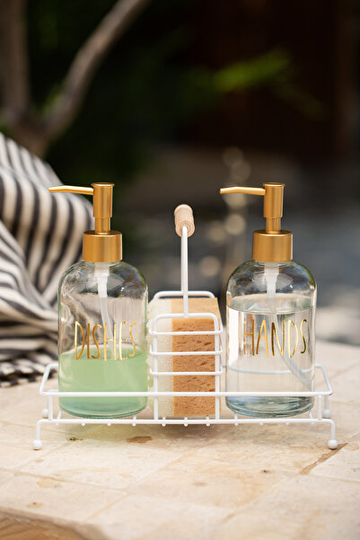 Rakle Pure White Metal Wooden Handle Stand Set of 2 Liquid Soap Dispenser 420 Cc