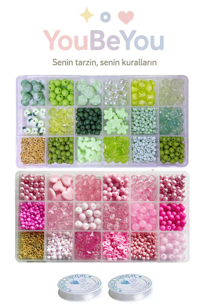 By MO Accessories 2'li Kutuda Pembe Ve Yeşil Boncuklarla El İşi Boncuk Takı Y...