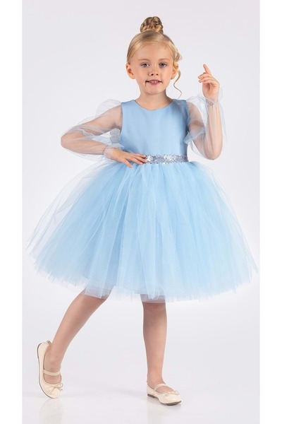 Mnk Baby&Kids Kanatlı Kız Çocuk Şifon Kol Abiye MNK0534 MAVİ