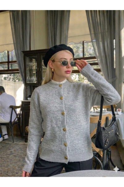 Fix Modalife Gray Heart Gold Heart Buttoned Women's Knitwear Cardigan