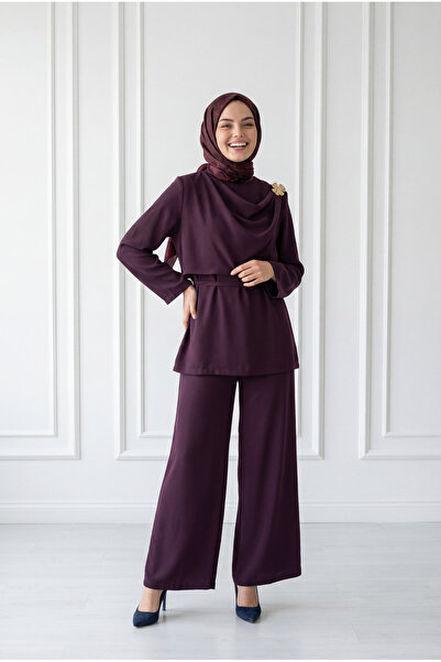 MİHRA STORE Σετ παντελονιού με σάλι και αγκράφα Perinaz-GS5220 Δαμασκηνί