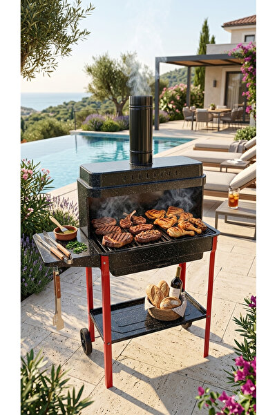 Efsoon Organics Portatif Bacalı Emaye Mangal Lüks Model Tekerlekli 118 x 67 cm