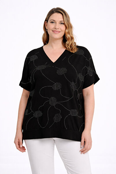 Şans Bluză neagră cu mâneci scurte și decolteu în V, cu aplicații de piatră, ...