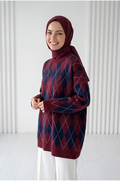 MİHRA STORE Pulover tricotat cu model Adriana Baklava - Zİ5581 Bleumarin-Roșu...