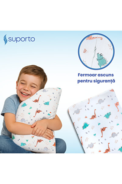Suporto Pernă pentru copii mici, 2-9 ani, Spumă cu memorie, Husă din bumbac, Albă, Model cu dinozauri