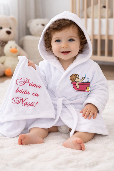 MOOKODI Set "Prima băiță cu Nașii"- halat si prosp, fetiță roz