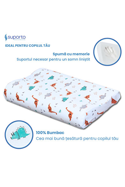 Suporto Pernă pentru copii mici, 2-9 ani, Spumă cu memorie, Husă din bumbac, Albă, Model cu dinozauri