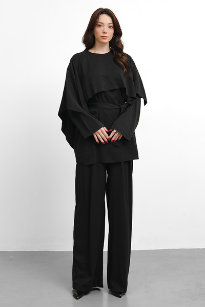 Molly Nelly Γυναικείο Σετ με Ζώνη και Γιακά Σάλι, Καθημερινή Μπλούζα και Παντ...