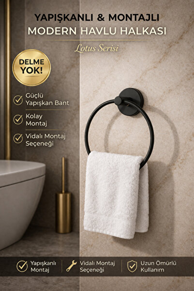 Alper Banyo Lotus Μαύρη στρογγυλή κρεμάστρα για πετσέτες, δαχτυλίδι για πετσέ...