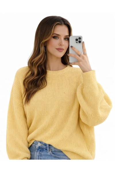 MODASPARK Γυναικείο πλεκτό πουλόβερ Yellow Crew Neck oversized