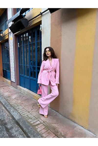 msm fashion Set de pantaloni blazer cu curea dublă pentru femei