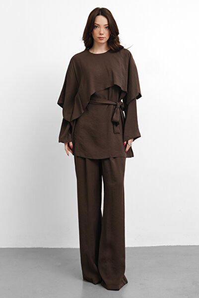 Molly Nelly Γυναικείο Σετ με Λεπτομέρεια Σάλι και Ζώνη, Καθημερινή Μπλούζα κα...