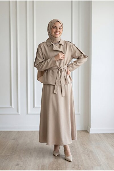 MİHRA STORE Tünay Cross Zipper Skirt Suit-Gs3881 Stone