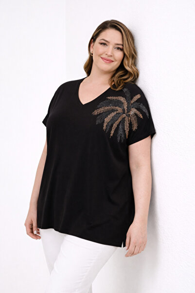 Şans Women's Plus Size Black-Brown, V-Neck, Low Sleeve, Shoulder Stone Detail...