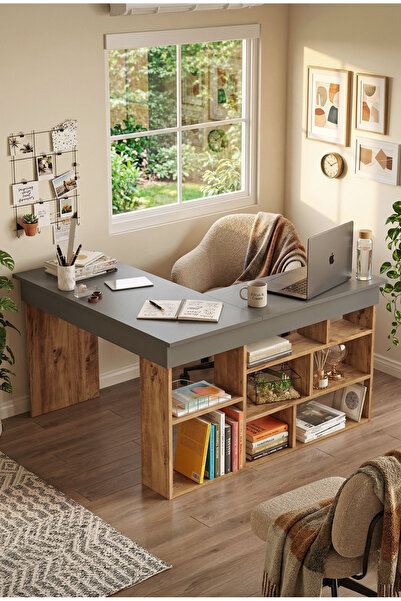 Yurudesign Tywin Kitaplık Raflı Çalışma Masası Çam-antrasit
