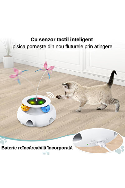SELLERMANIAC Jucarie Interactiva Pisici, 3 in 1, Control prin Telecomanda, Cu Pene, Mingi si Fluture