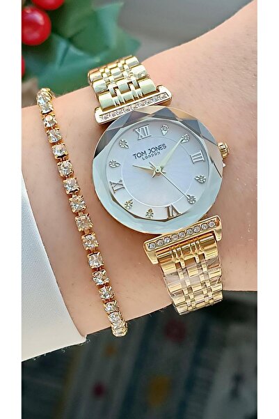 Tom Jones ساعة يد نسائية أصلية بضمان لمدة عامين، حزام فولاذي ذهبي اللون + سوا...