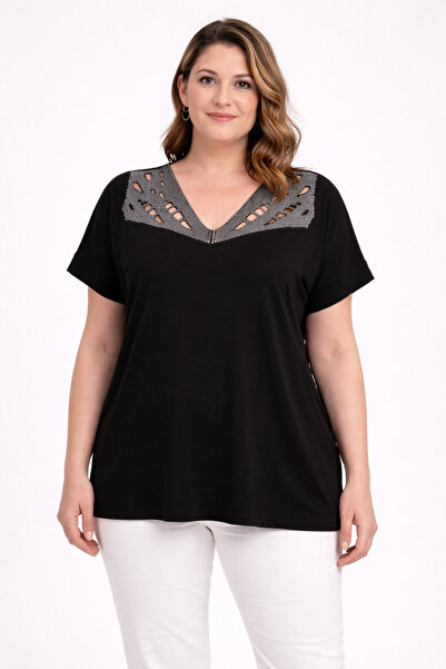 Şans Women's Plus Size Black-Silver, Collar Detailed Short Sleeve Viscose Blo...