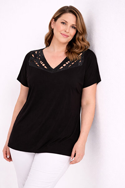 Şans Women's Plus Size Black, Collar Detailed Short Sleeve Viscose Blouse 65N...