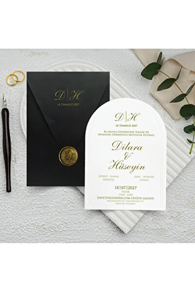 GNDR Mühürlü Siyah Zarflı Dikey Düğün Davetiyesi - 1034