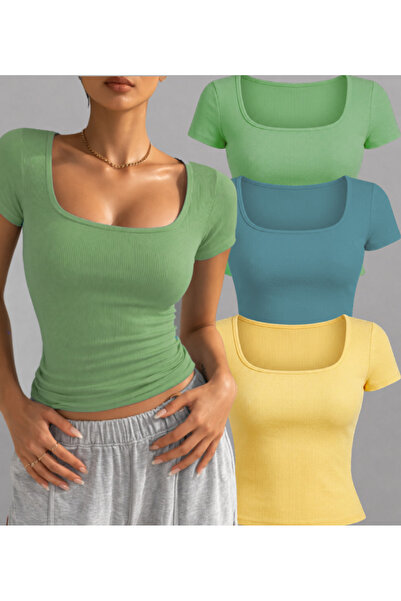 NERTH STYLE Set of 3 U-Neck Short Sleeve Ribbed Cotton Blouse T-Shirts