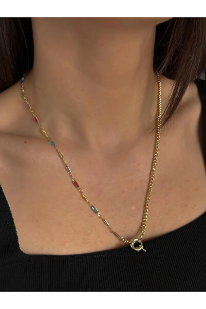 Luseda VIP Zincir & Renkli Taş Detaylı Gold 55 cm Kadın Kolye