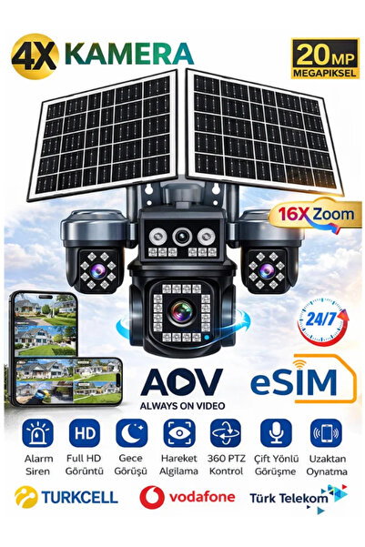 SONREİR Z7PRO 4 Kameralı Güvenlik Kamerası Çift Solar Sim Kartlı Hareketli Ge...