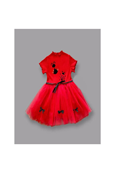 DENİZCİK 1-2-3 Yaş Uğur Böceği Nakışlı Kurdela Kuşak Kız Çocuk Elbisesi