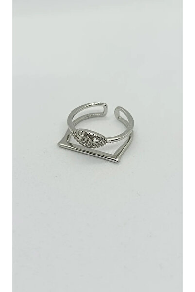 ndjewelry خاتم هندسي فضي اللون – خاتم هندسي قابل للتعديل مرصع بالأحجار الكريم...