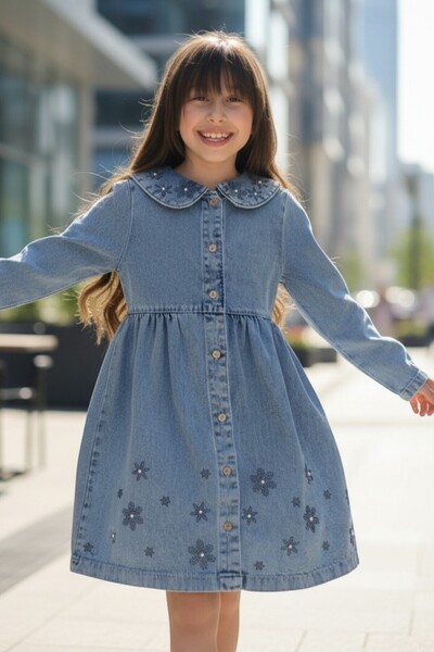 QUB CLUB Момичешка празнична рокля от деним с флорални камъни