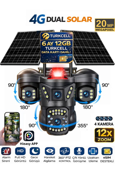 SONREİR AUREX ONE 4 Kameralı 4G Sim Kartlı Solar Güvenlik Kamerası 2 Güneş Pa...