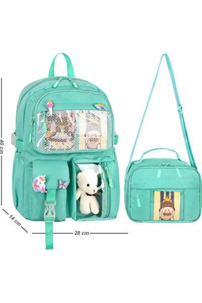 Waddell Kawaii Kore Tarzı Aksesuarlı İlkokul Sırt ve Beslenme Çantası Su Yeşi...