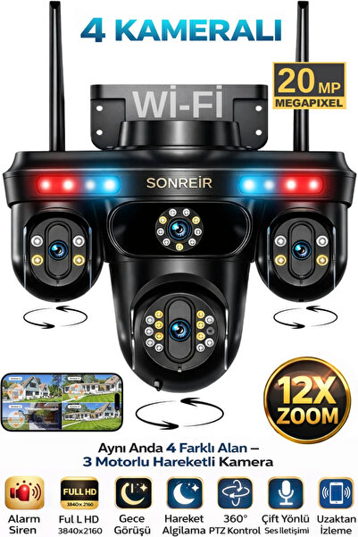 SONREİR SNR3 Wi-Fi 4 Kameralı 3 PTZ Motorlu Güvenlik Kamerası 20MP Gece Görüş...