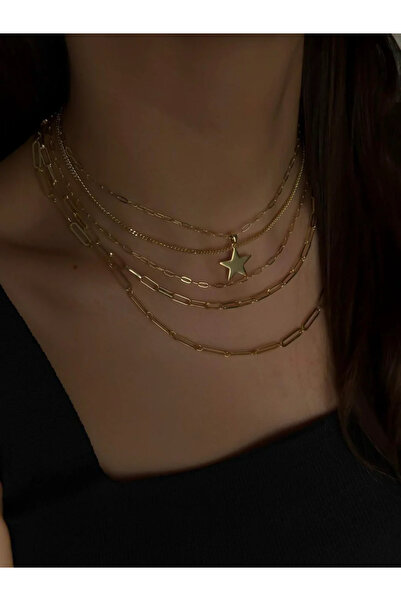 Luseda VIP Yıldız Detaylı Çoklu Zincir Katmanlı 38+5CM Ayarlanabilir Kadın Kolye