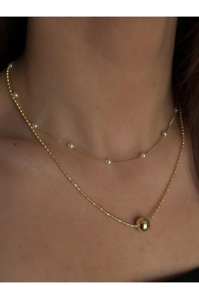 Luseda VIP Çoklu Zincir İnci & Topçuk Detaylı Altın Renk 40+5CM Ayarlanabilir...