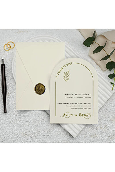 GNDR Mühürlü Krem Zarflı Dikey Düğün Davetiyesi - 1050